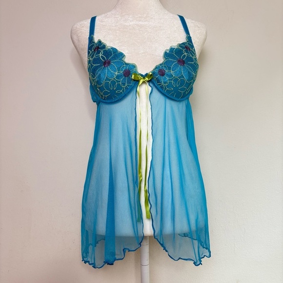 Vintage Y2K Floral Coquette Bow Mesh Cami Chemise Lingerie Phoebe S - Picture 3 of 17